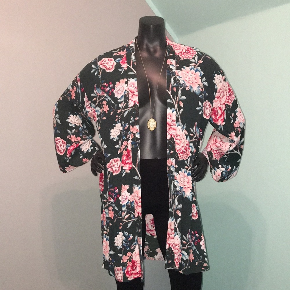 Forever 21 Woven Green & Pink Floral Open Front Cardigan Small NWT